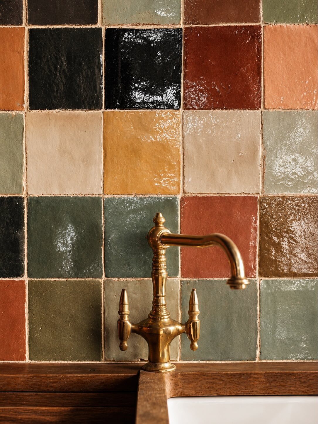 Brass vintage faucet against a wall of colorful, glossy, handmade square ceramic tiles.