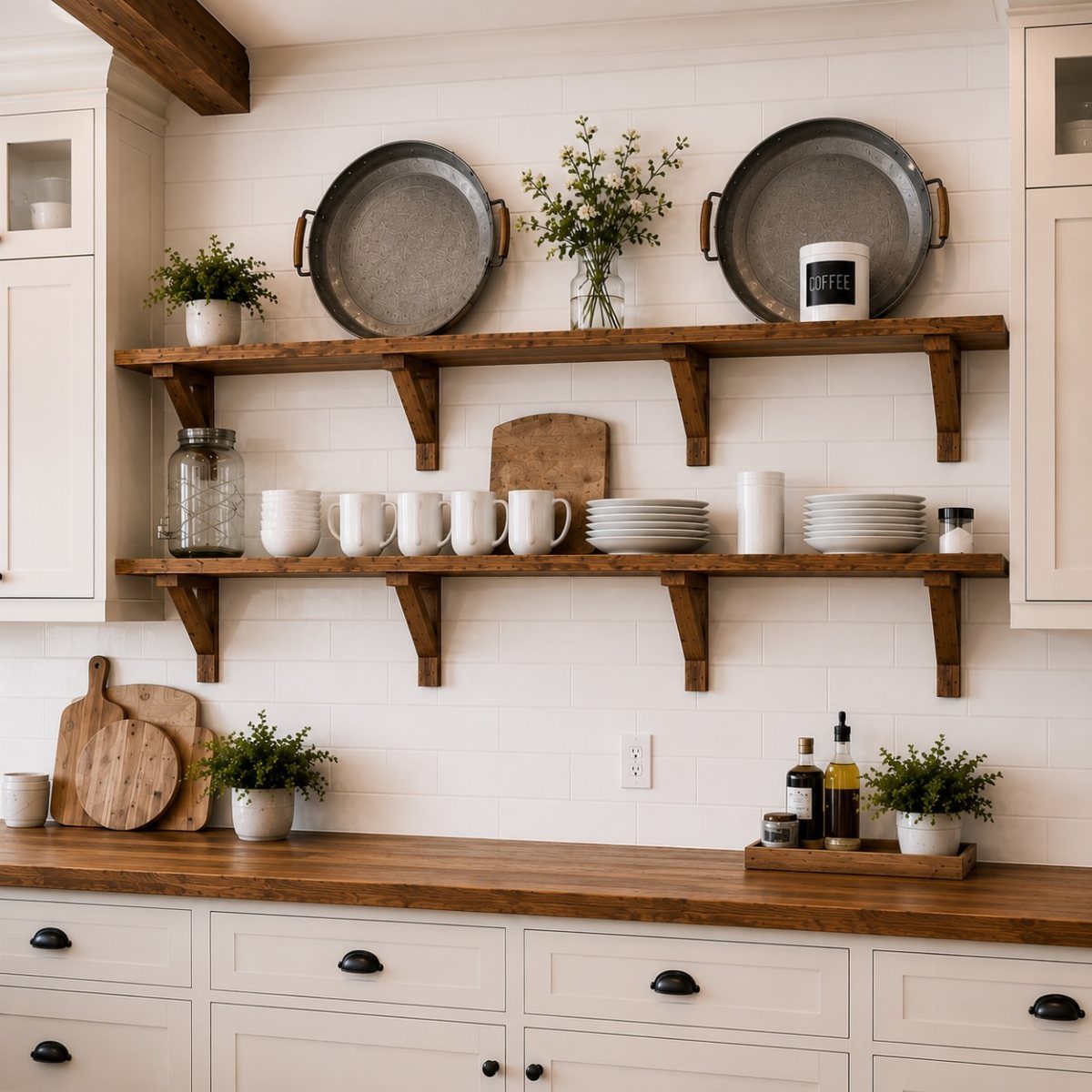 Wooden floating shelves on a white wall holding mugs, plates, and metal trays.