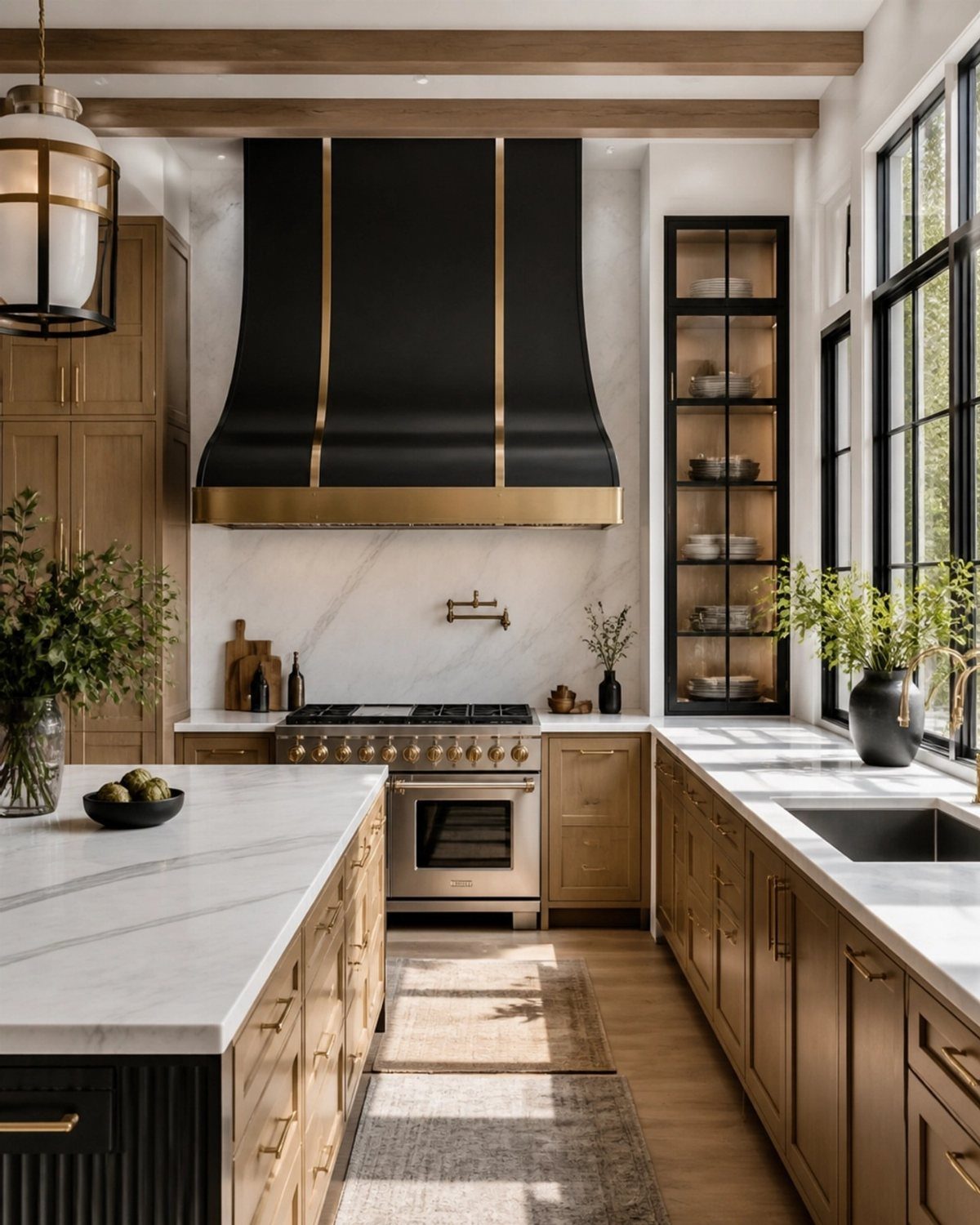 Black and gold range hood installed over a professional stove in a luxury kitchen.