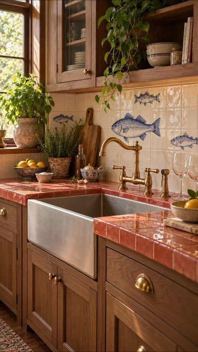 Rustic kitchen with red tile counters, brass faucet, and fish-patterned backsplash tiles.