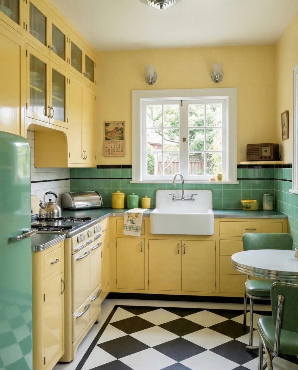 Vintage kitchen with yellow cabinets, mint green refrigerator, and checkerboard floor tiles.