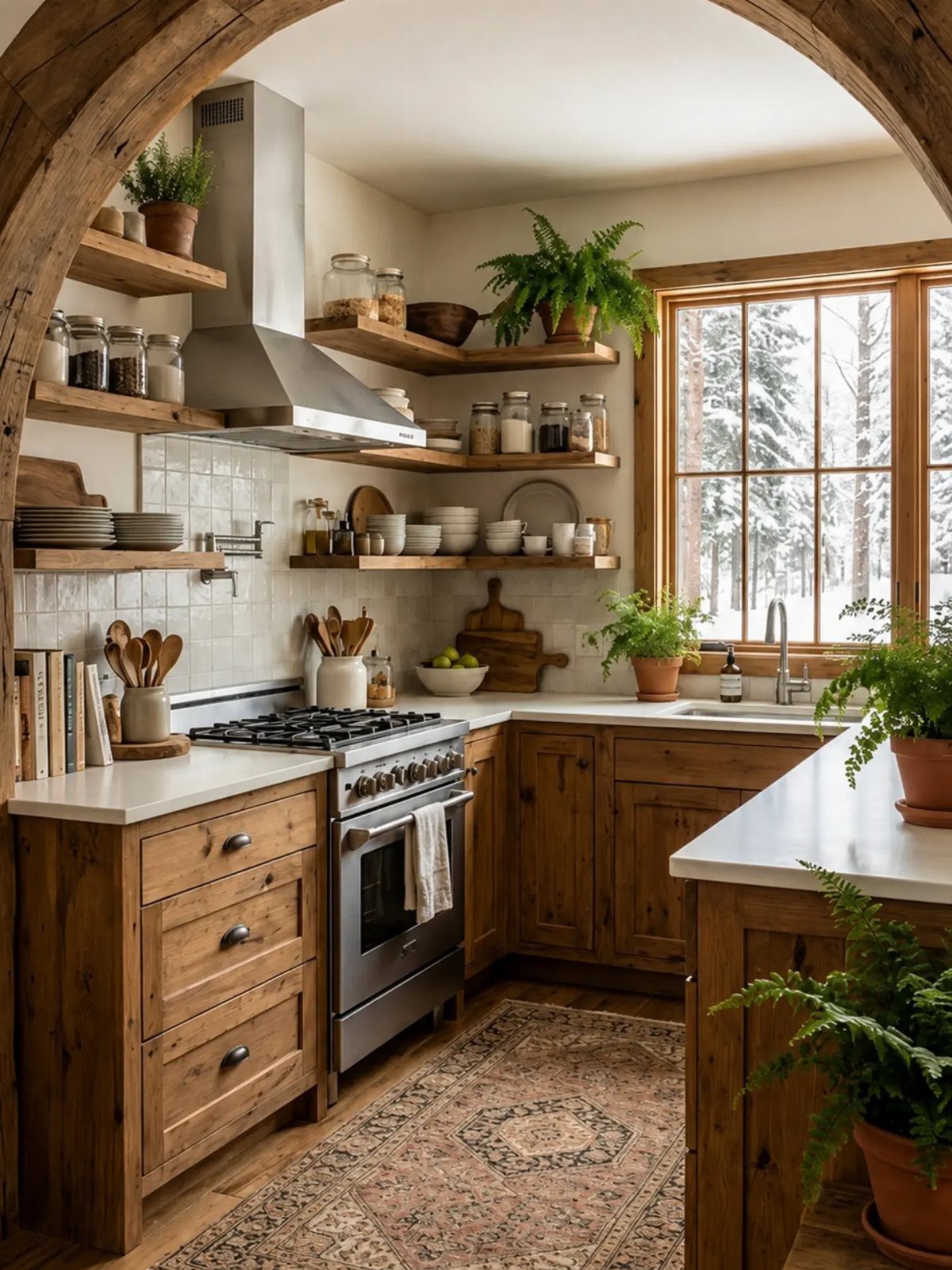 Rustic kitchen with reclaimed wood cabinets, open shelving, and a stainless steel stove.