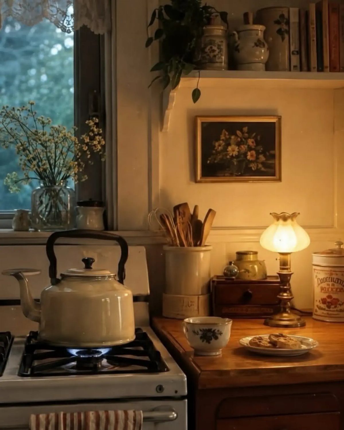 White tea kettle on a stove in a cozy vintage 1920s style kitchen.