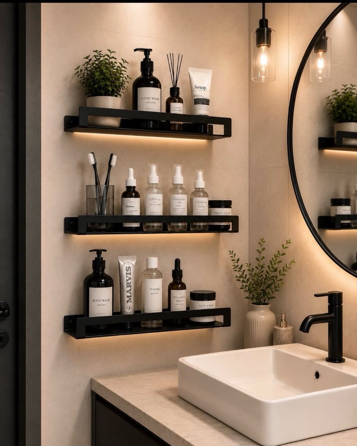 Black floating wall shelves with integrated lighting holding toiletries above a white bathroom sink.