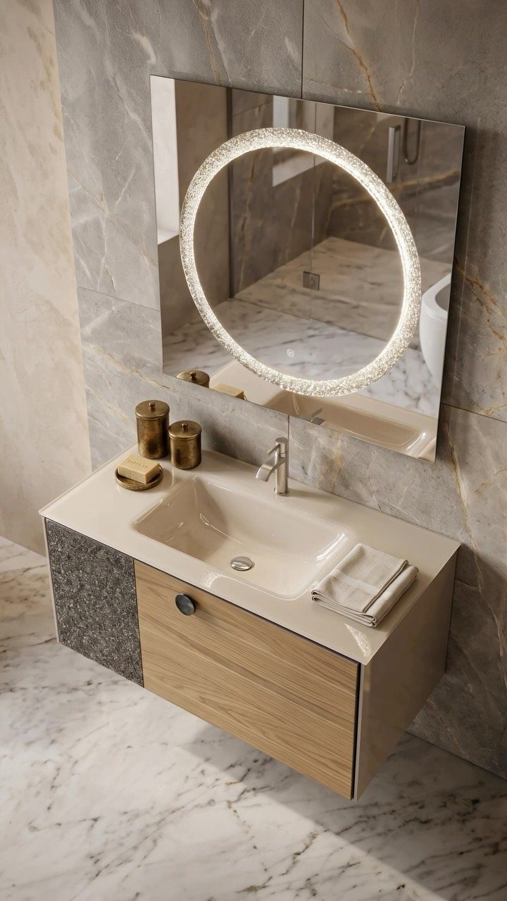 Wall-mounted vanity with light wood and grey stone accents in a marble bathroom.