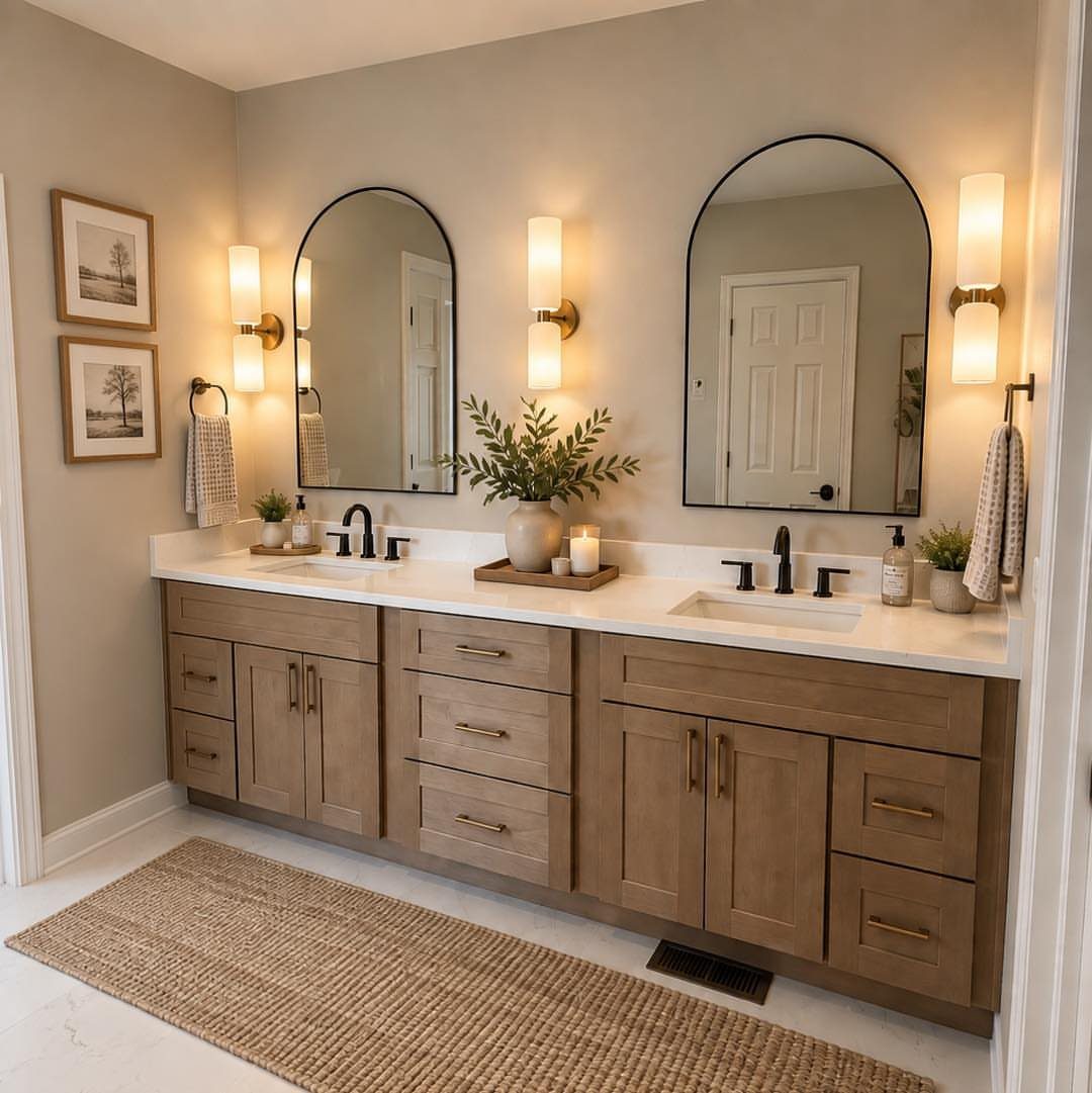 White integrated sink and countertop on wooden vanity with two arched mirrors.