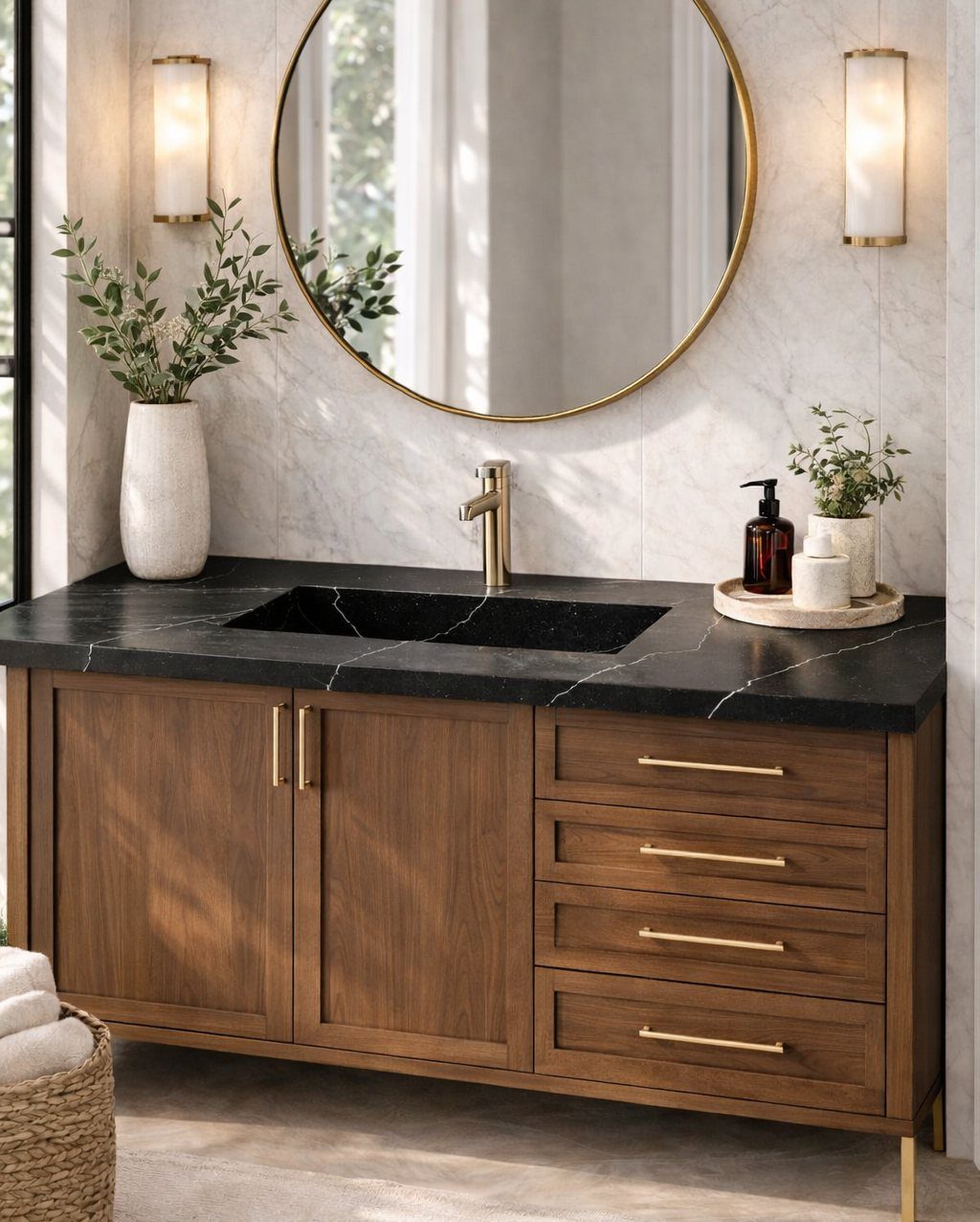 Black marble integrated sink and countertop on a wooden bathroom vanity with gold hardware.