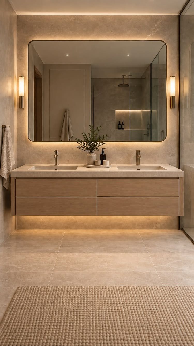 Integrated double sink and countertop on a floating wooden vanity in a modern bathroom.
