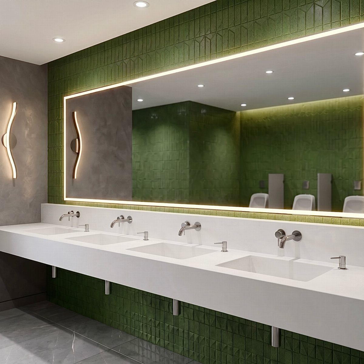 White integrated sink countertop with four basins against a green tiled bathroom wall.