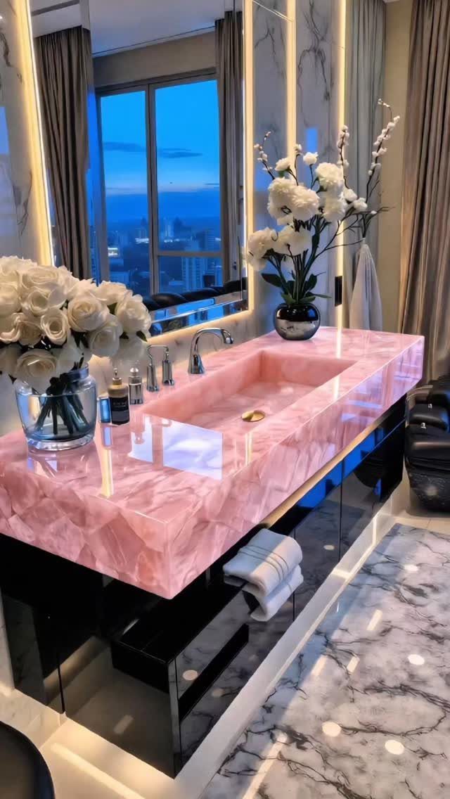 Pink marble integrated sink and countertop in a luxury bathroom with white flowers.