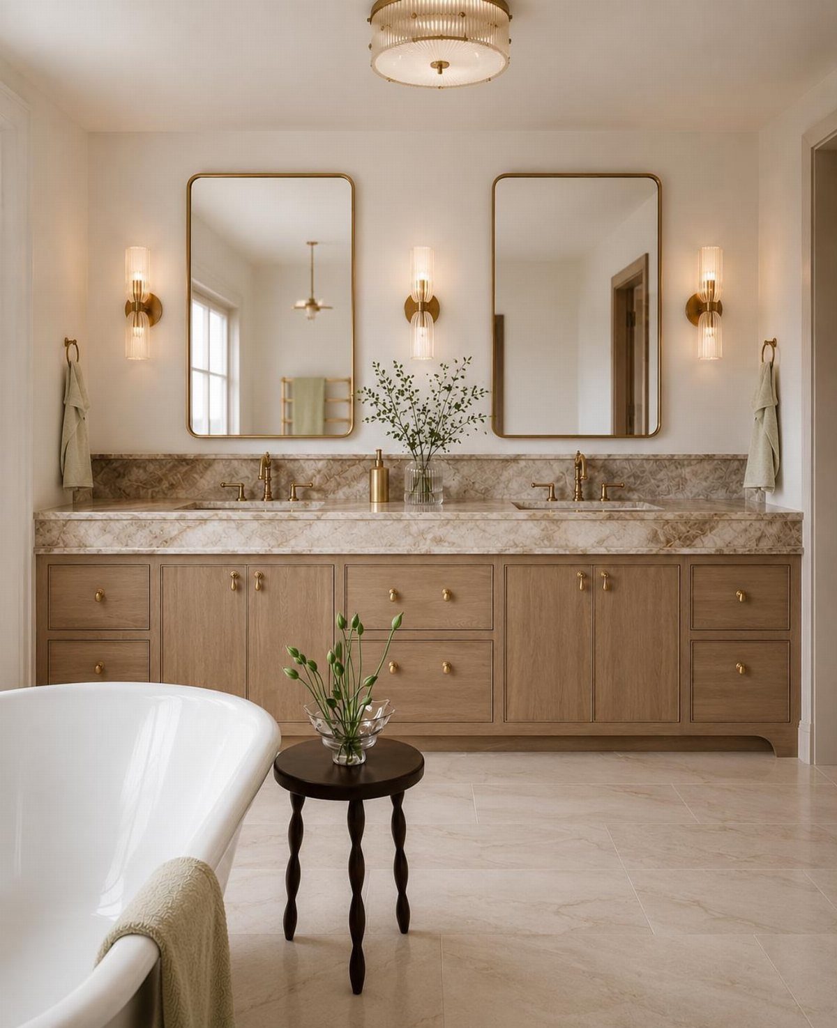 Light wood double vanity with marble top and gold mirrors in a neutral bathroom.