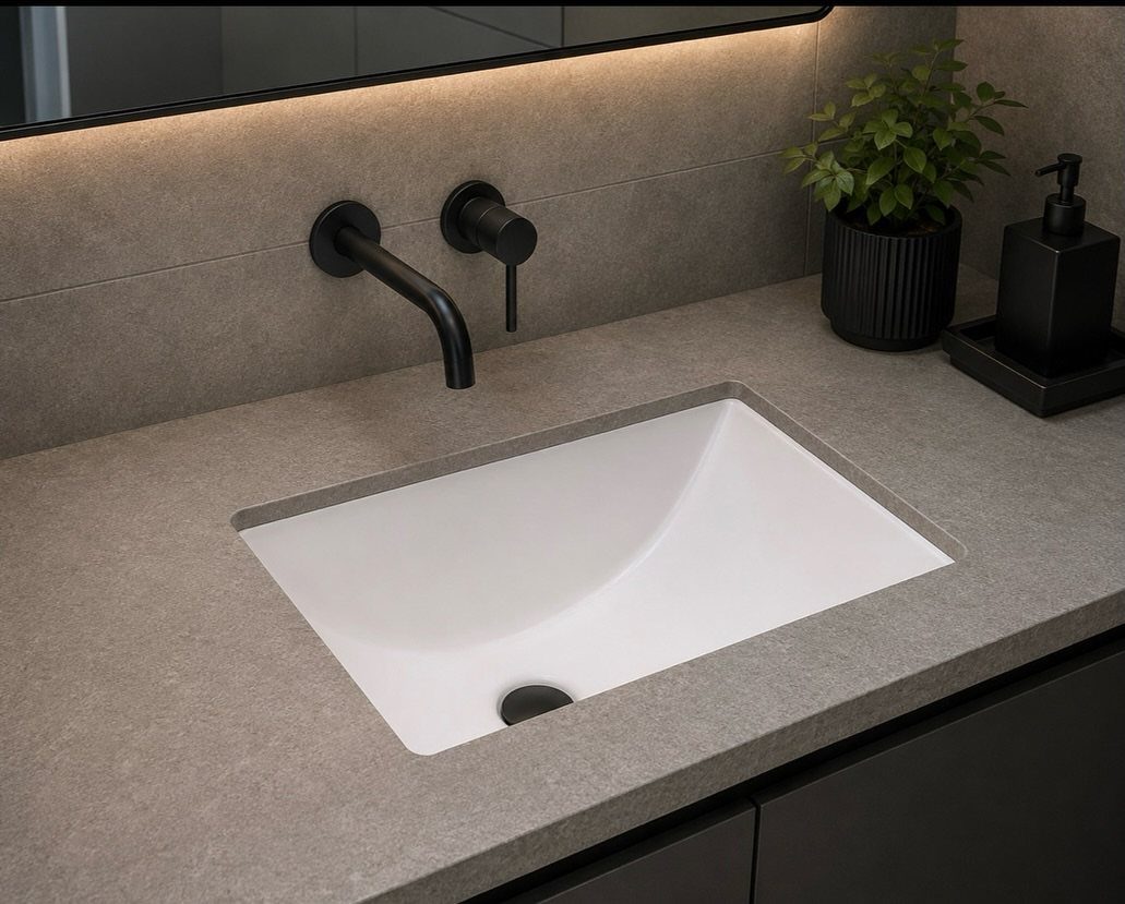 White rectangular undermount sink in a grey stone countertop with black wall-mounted faucet.