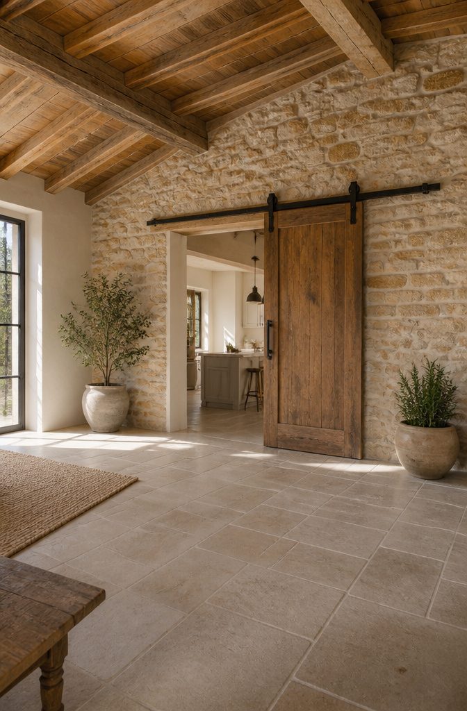 8 Patio Door Alternatives for 2026: Beyond Standard Sliding Glass 8 A rustic barn door on an exposed track in a home interior.