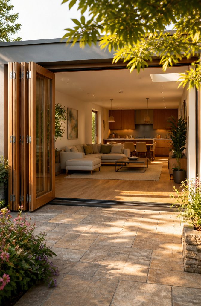 8 Patio Door Alternatives for 2026: Beyond Standard Sliding Glass 3 Bi-fold doors stacked to one side, opening up the space.