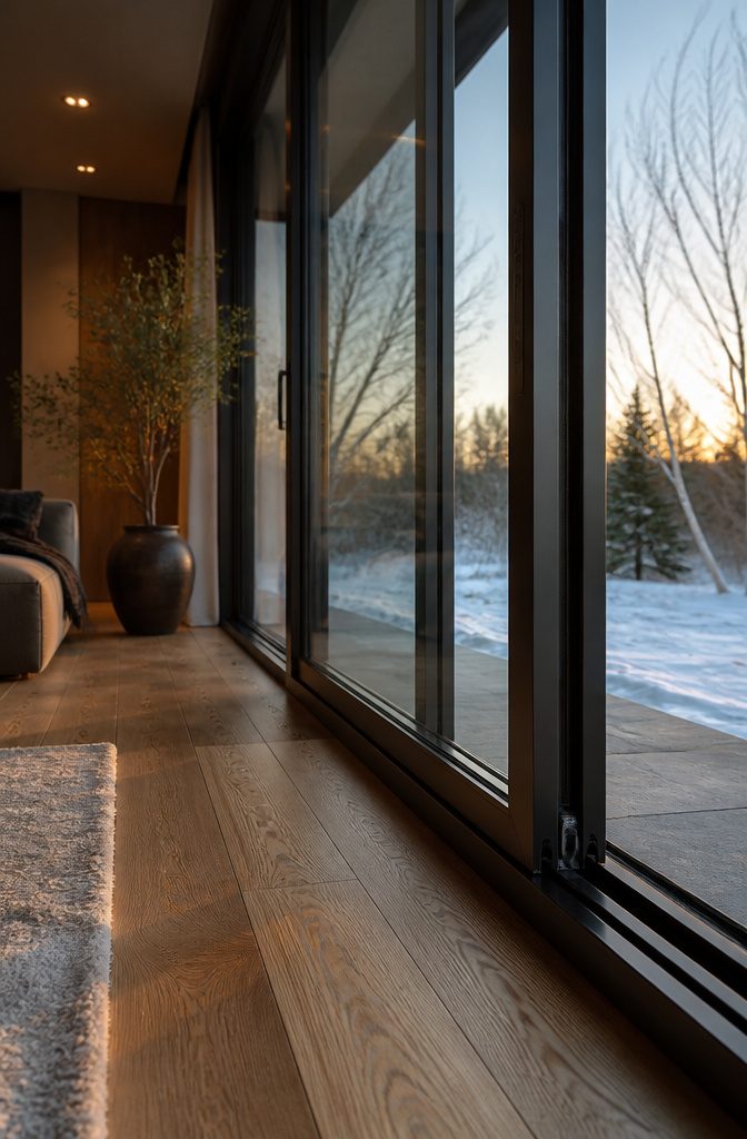 8 Patio Door Alternatives for 2026: Beyond Standard Sliding Glass 4 Close-up of a lift-and-slide door with a winter landscape view.