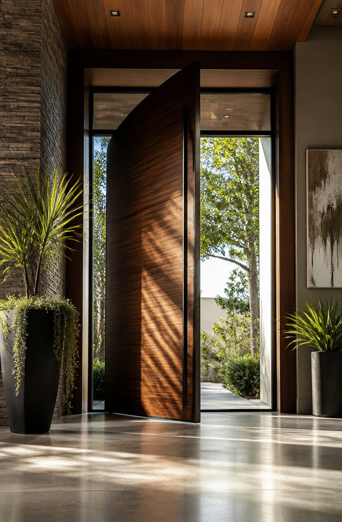 8 Patio Door Alternatives for 2026: Beyond Standard Sliding Glass 5 A pivot door showing its unique swinging mechanism.