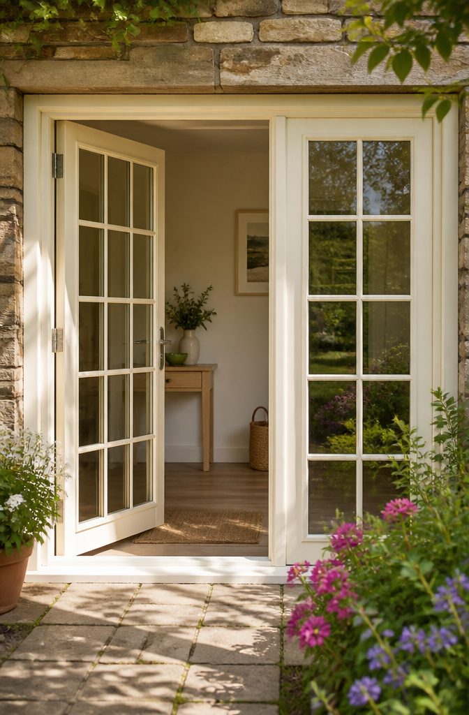 8 Patio Door Alternatives for 2026: Beyond Standard Sliding Glass 6 A UPVC door framed in cream hues in a cottage setting.