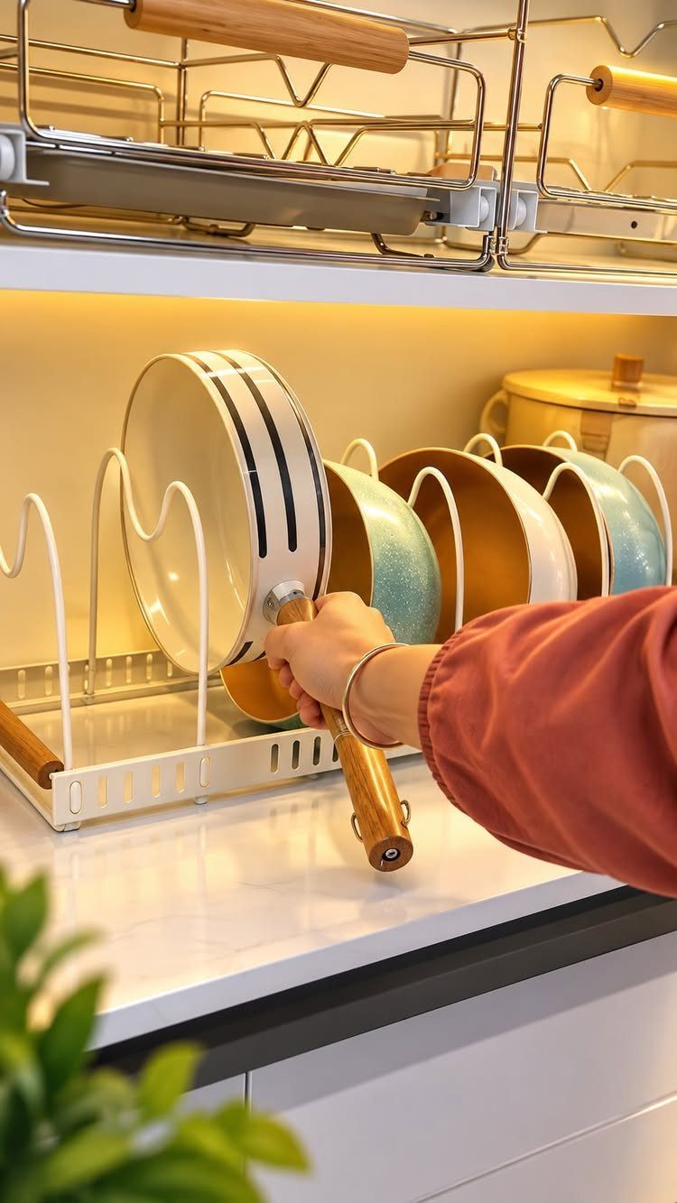 White frying pans organized in an adjustable metal cookware rack on a countertop.