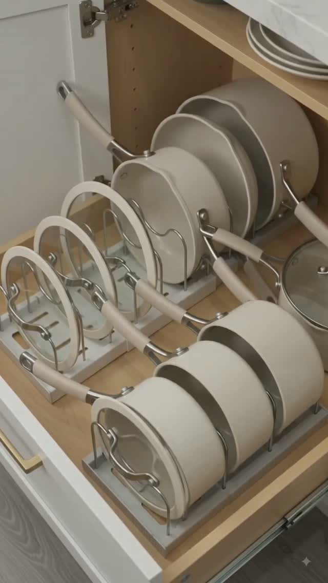 Cream pots and pans stored vertically with glass lids in metal organizers.