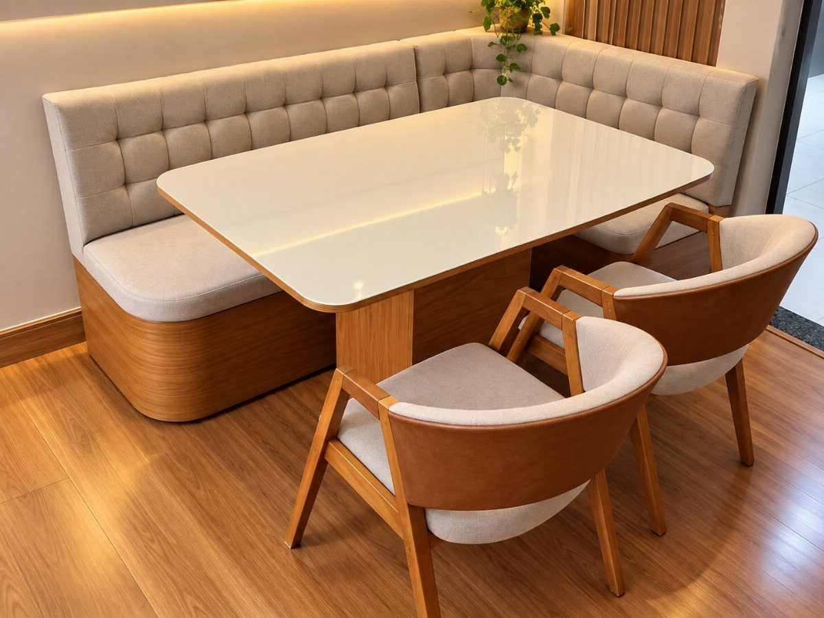 30 Banquette Dining Nook Ideas for Small Kitchens or Corners 1 Tufted beige L-shaped banquette with a white table and two modern wooden chairs.
