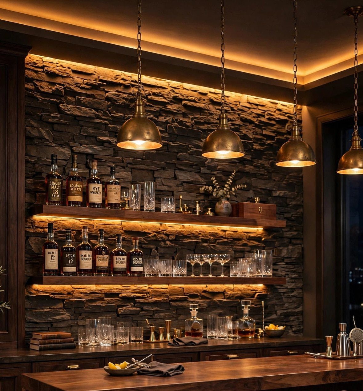 Home bar with warm LED shelf lighting and brass pendant lamps against stone wall