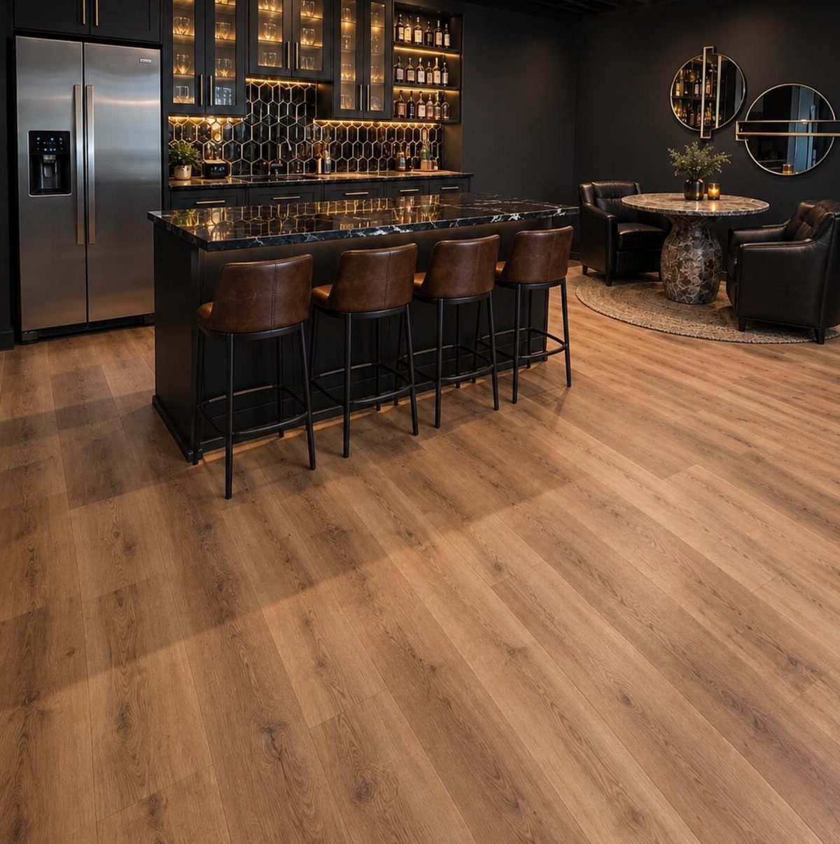 Modern home bar with black marble counter, leather stools, and dim atmospheric lighting.