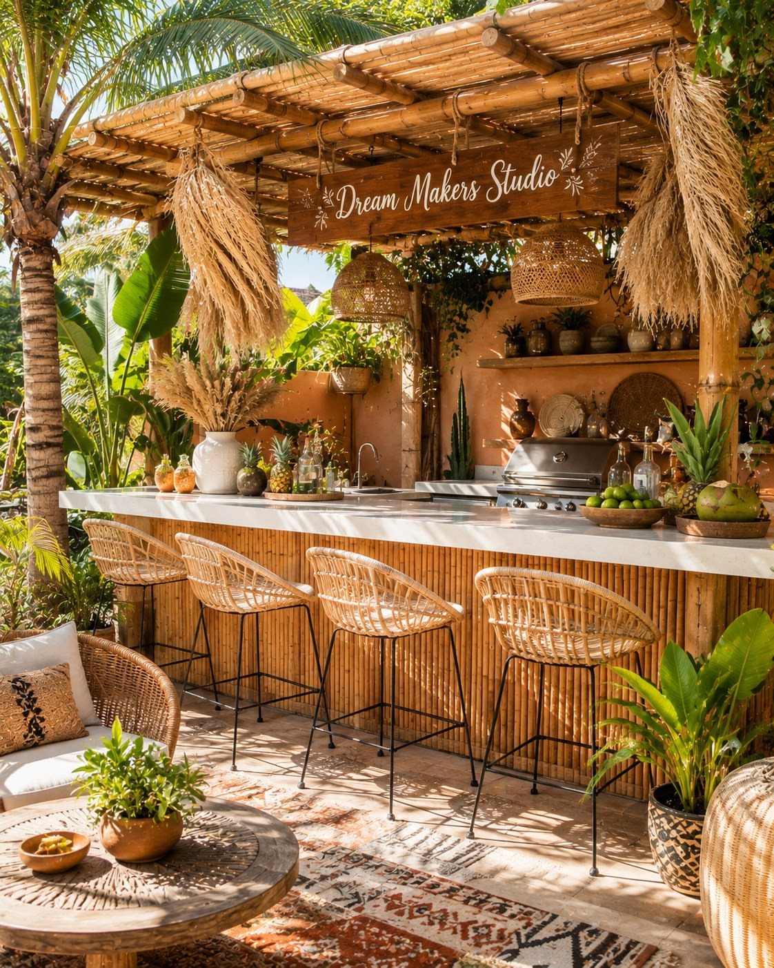 Outdoor bamboo bar with white countertop, woven stools, and tropical garden surroundings.