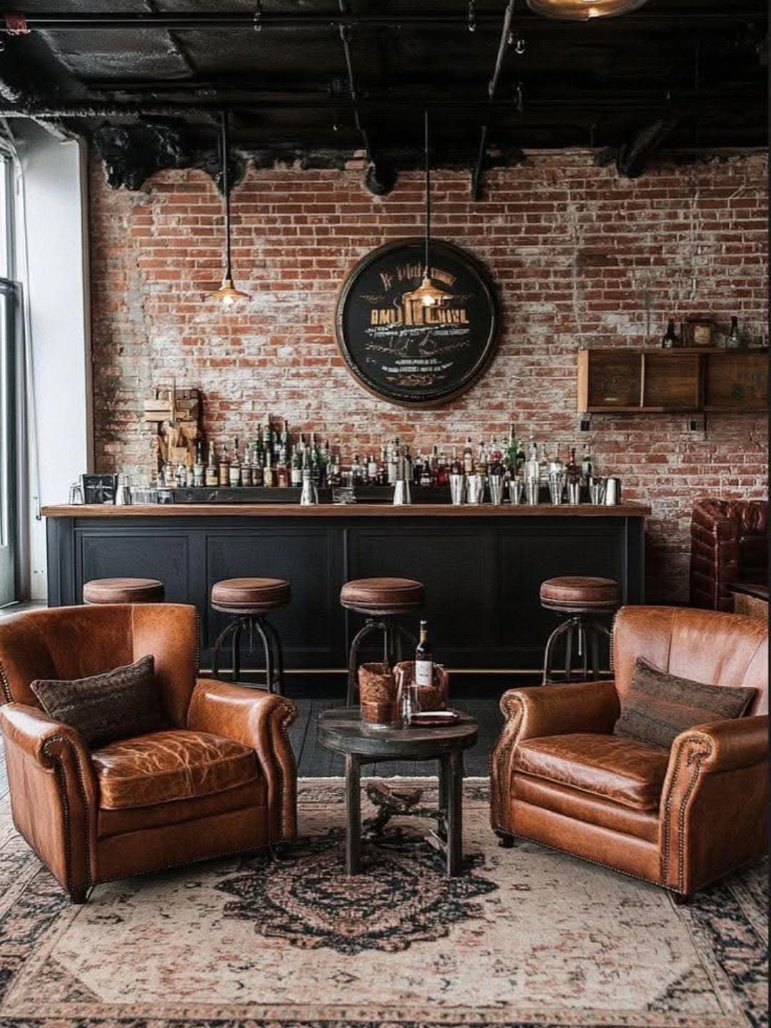 Dark home bar with leather armchairs against a rustic red brick wall