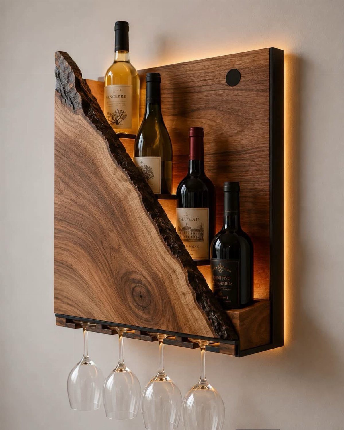 Wall-mounted live-edge wooden wine rack holding bottles and hanging wine glasses with warm lighting.