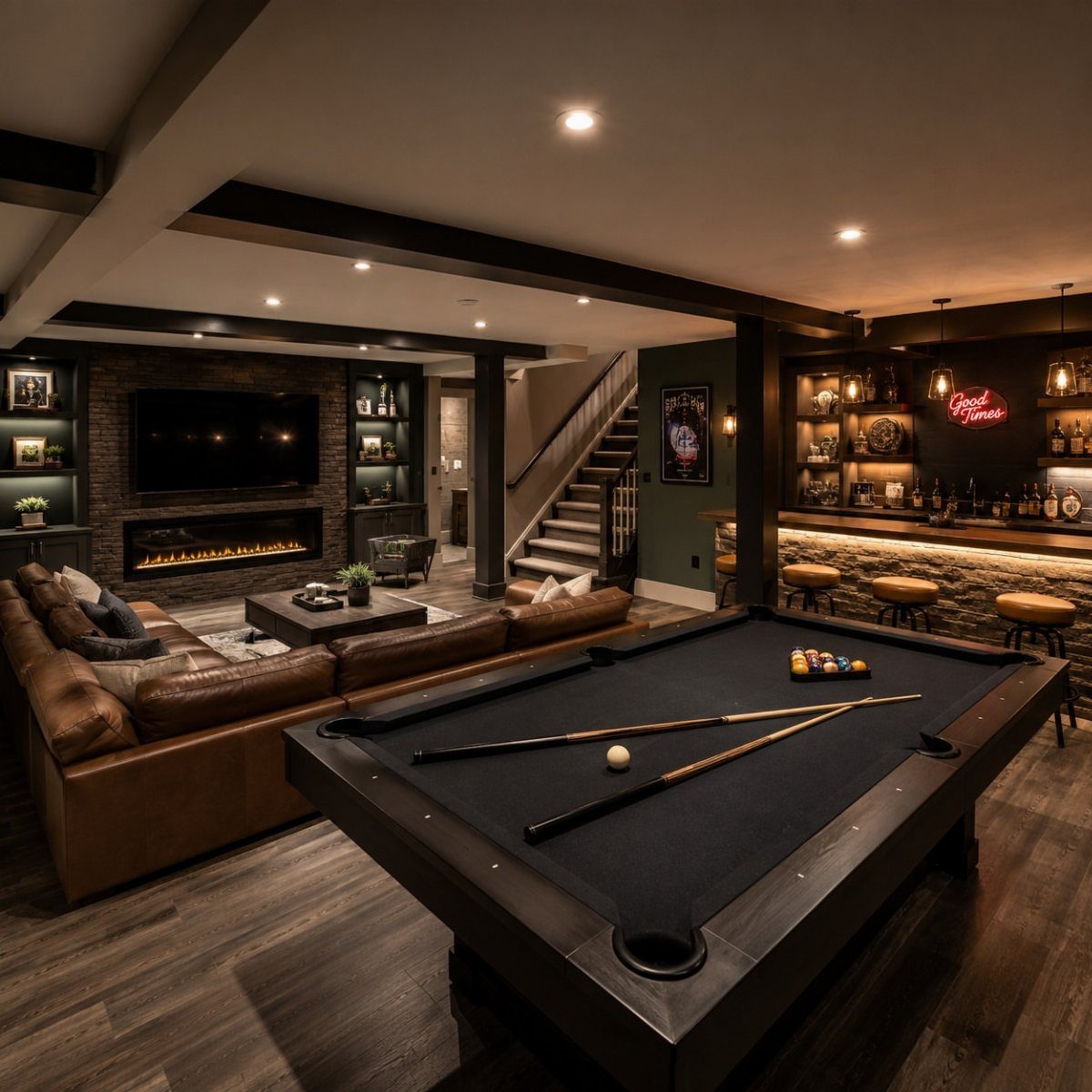 Basement lounge with a pool table, leather sofa, and a built-in home bar.