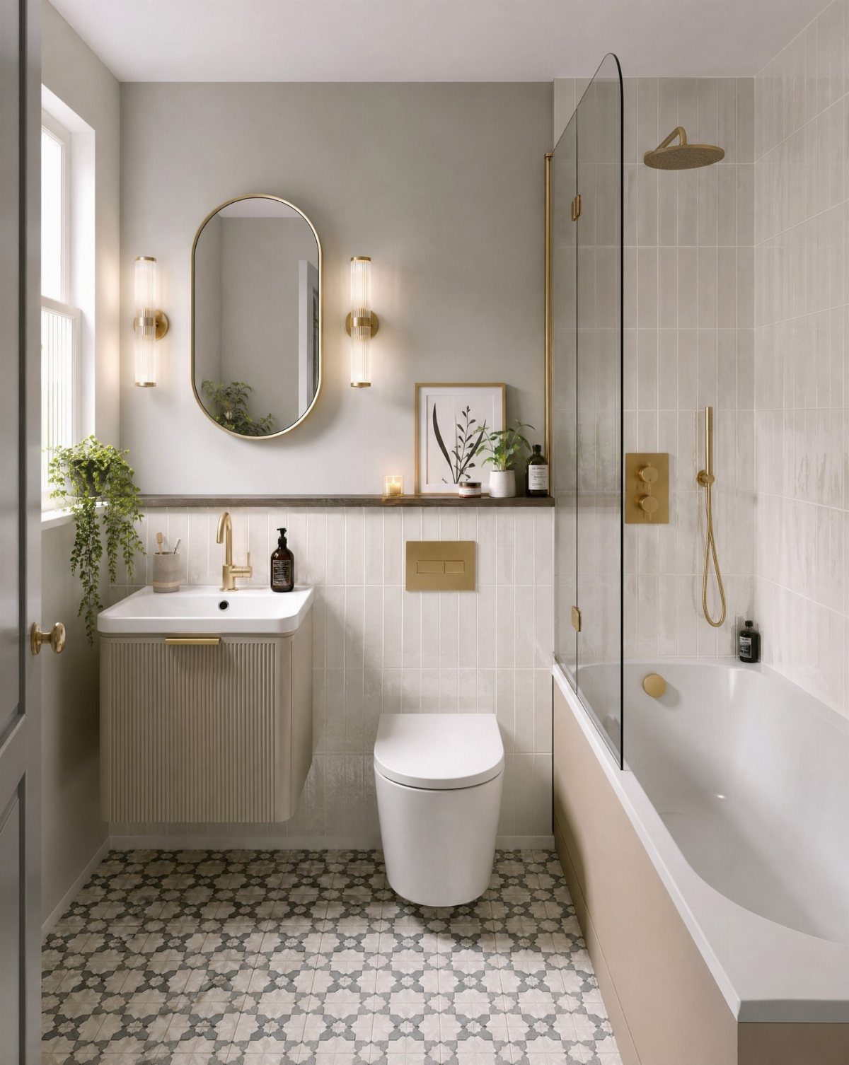 Small modern bathroom with compact vanity, toilet, and bathtub with glass shower screen.