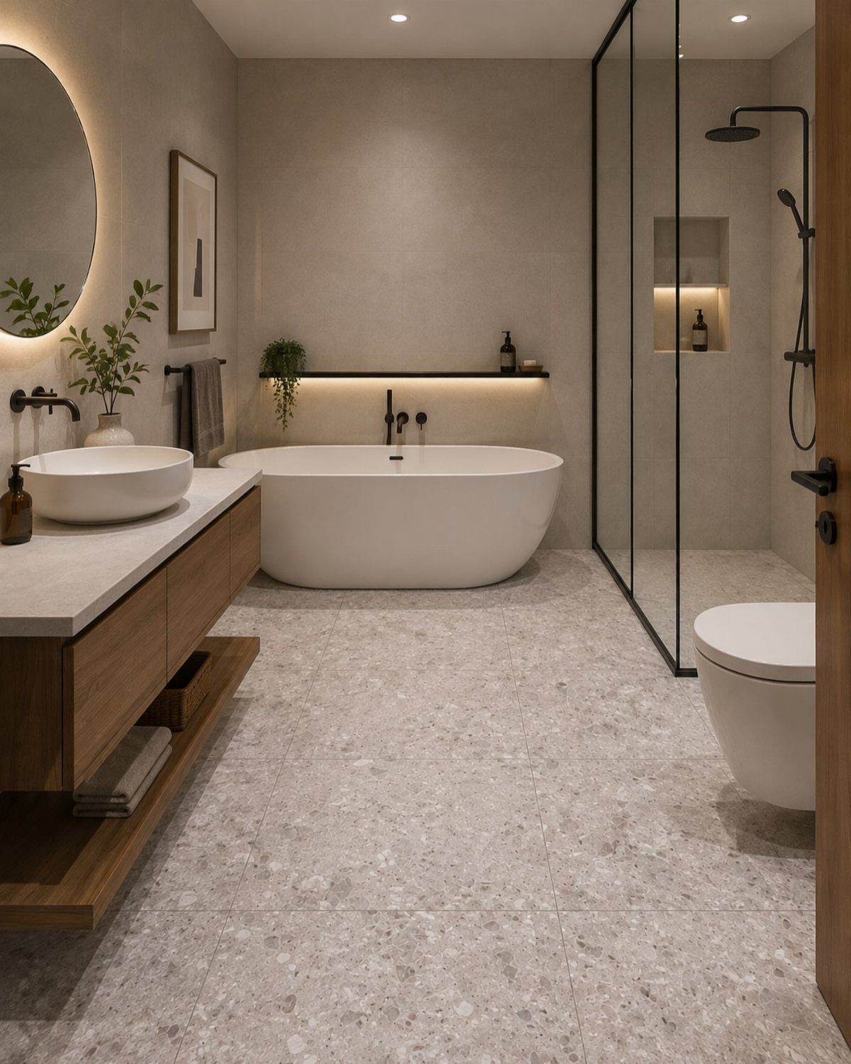 Light grey terrazzo flooring in a modern bathroom with a white freestanding tub.