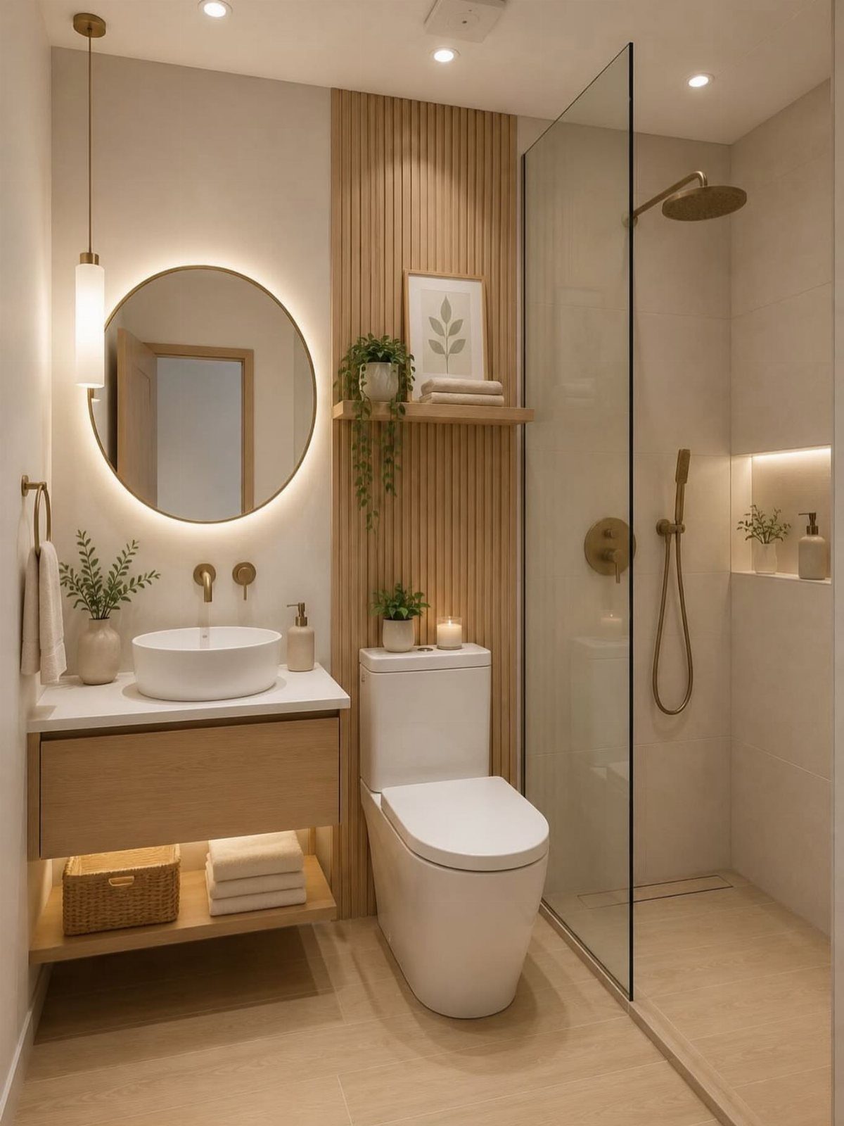 Small modern bathroom featuring a round backlit mirror and glass shower enclosure.
