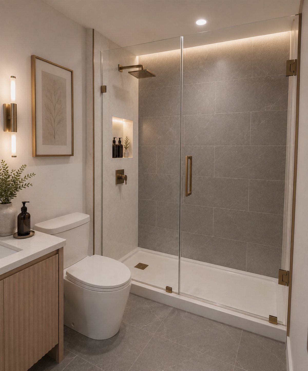 Modern small bathroom with grey tiles, glass shower, and recessed ceiling lighting.