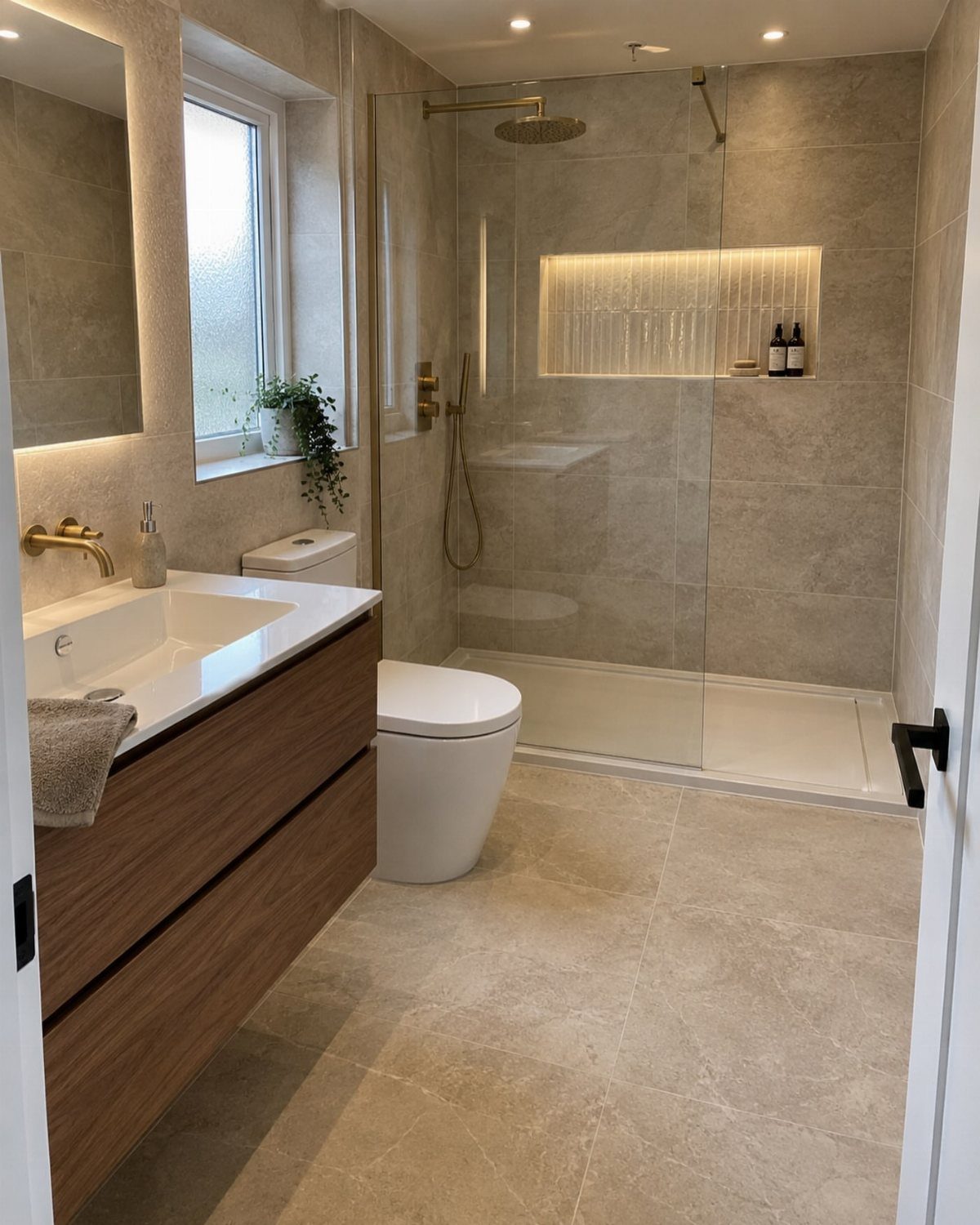 Modern small bathroom with beige tiles, wooden vanity, and a glass walk-in shower.