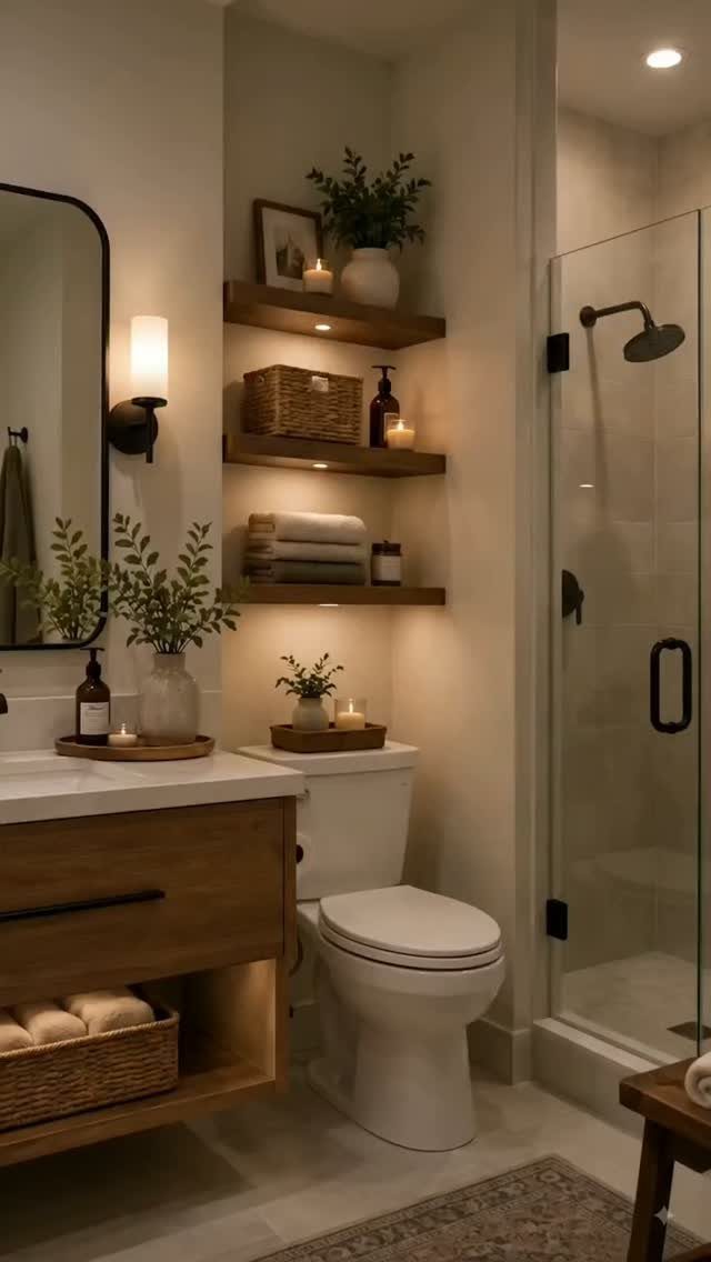 Wooden floating shelves mounted vertically above a toilet in a small modern bathroom.