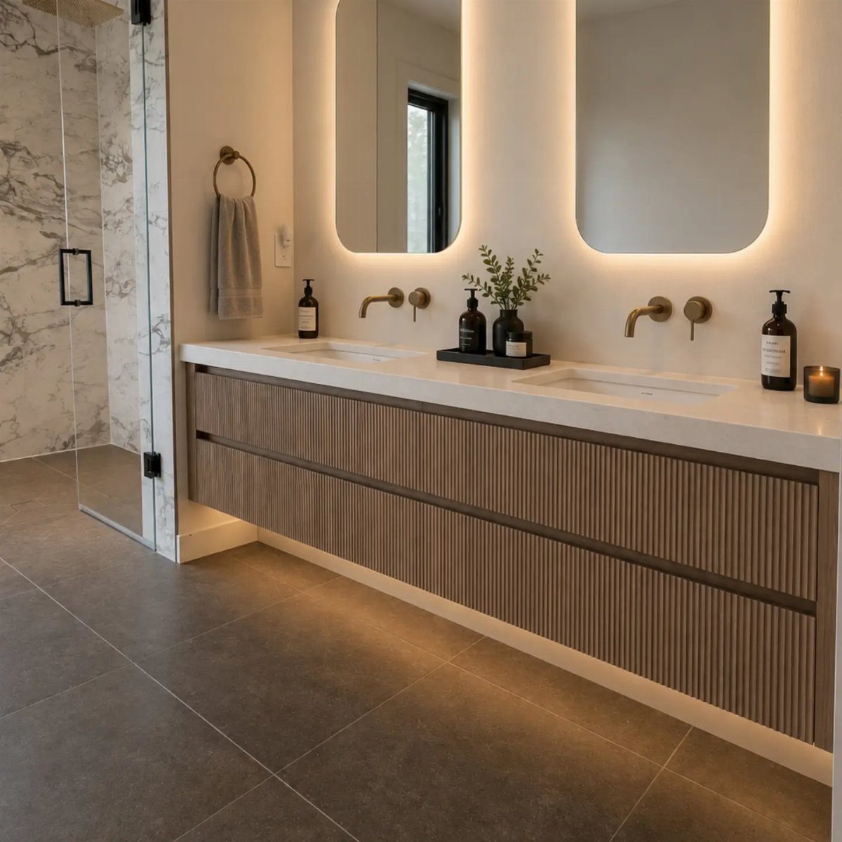 Floating wooden bathroom vanity with white countertop, gold wall-mounted faucets, and backlit mirrors.