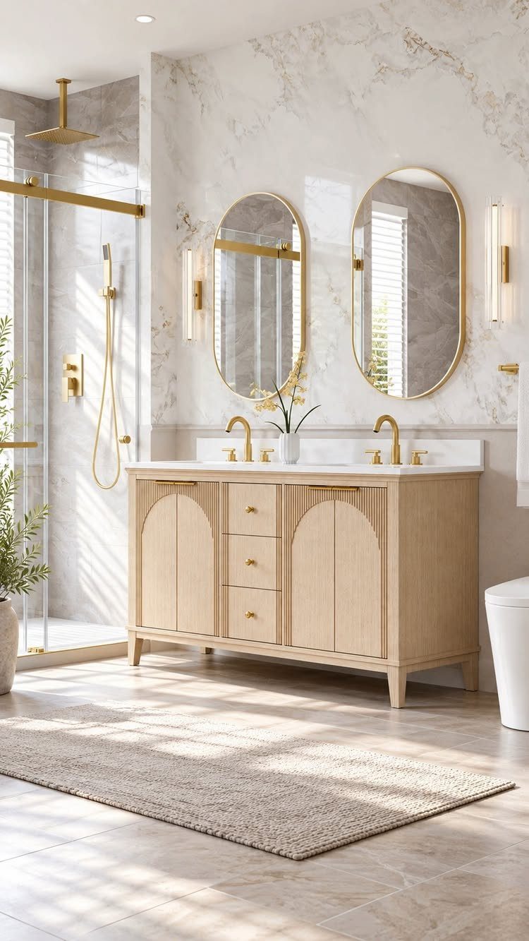 Double vanity with two sinks, gold mirrors, and marble walls in a modern bathroom