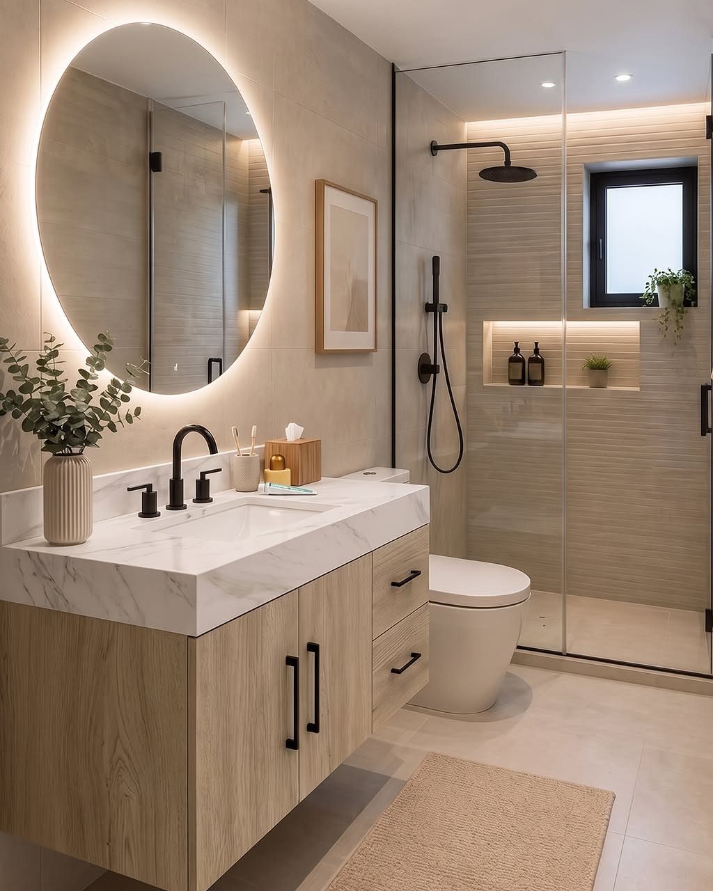 Floating wood vanity with marble top and backlit oval mirror in modern bathroom.