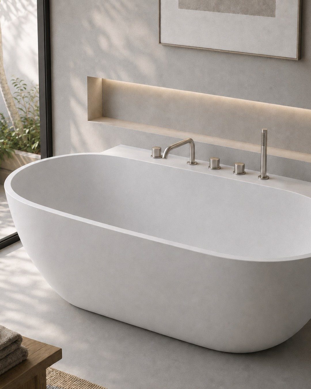 White freestanding soaking tub in a modern bathroom with minimalist grey walls and lighting.