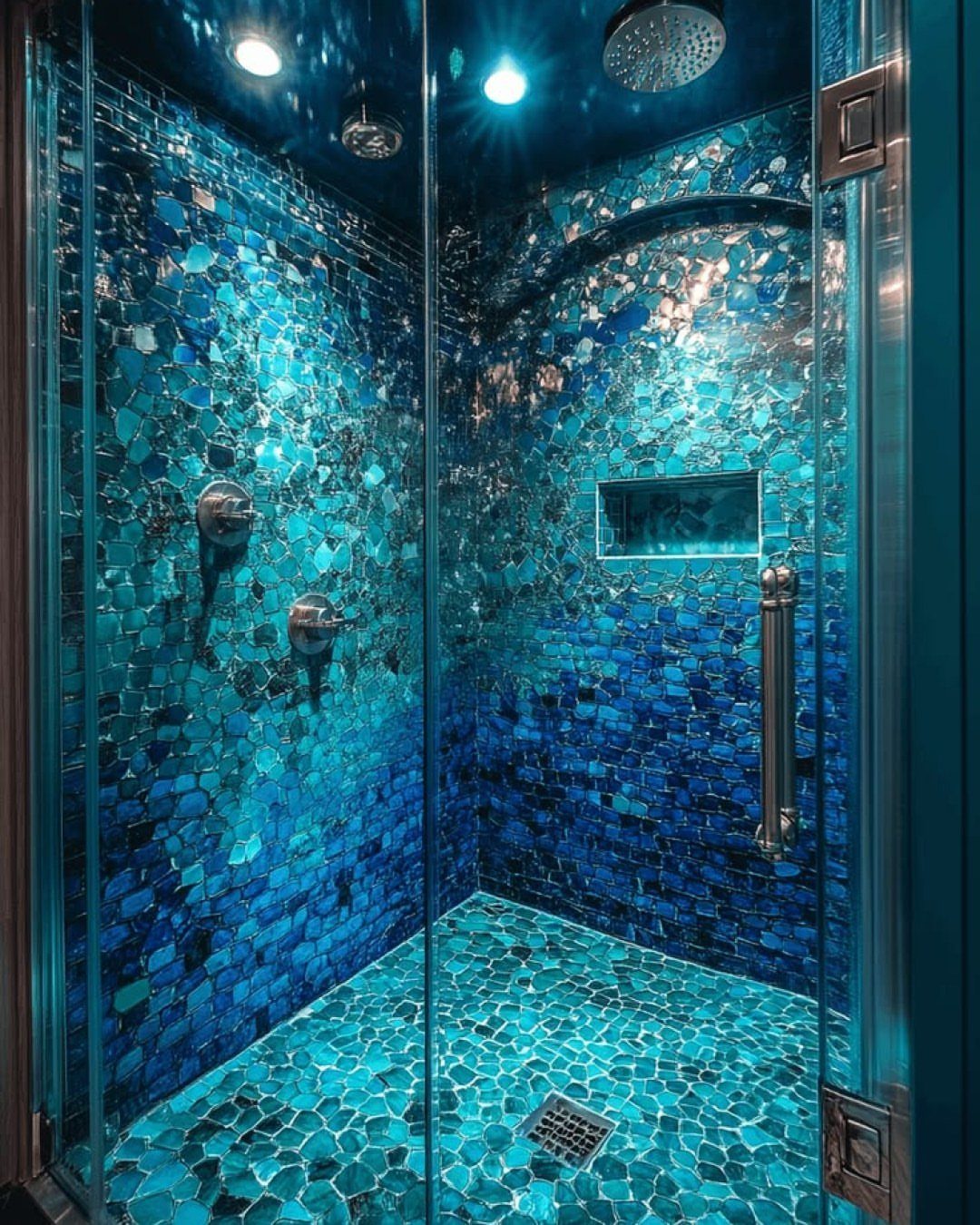 Blue mosaic tile shower with a small built-in recessed wall storage niche.