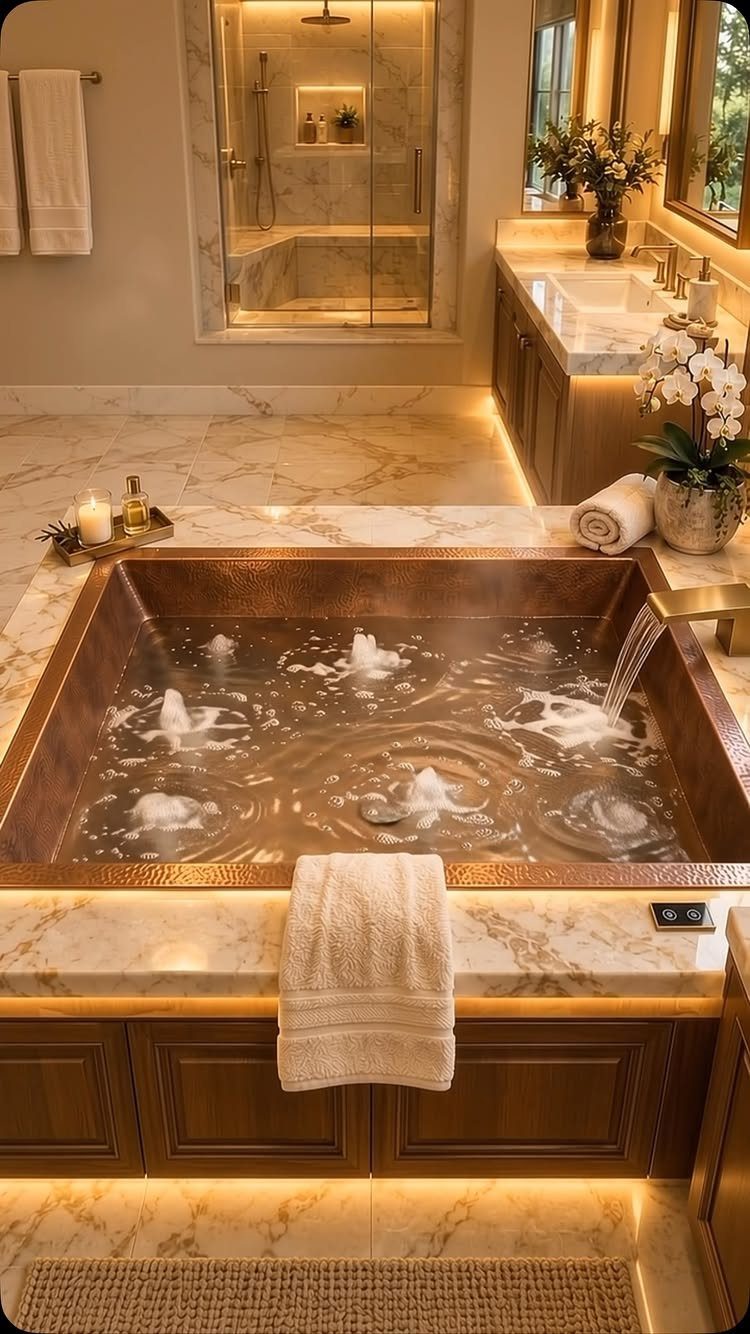 Copper soaking tub with bubbling water set in a luxury marble bathroom
