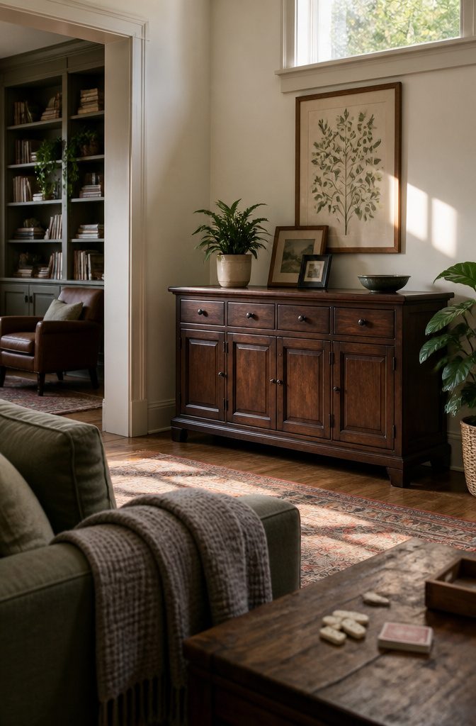 Buffet cabinet in a living room with framed photos displayed on top
