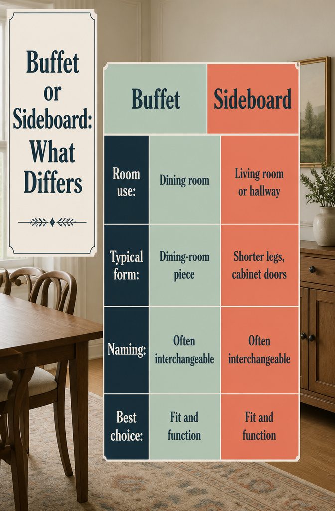Buffet and sideboard comparison graphic with labeled furniture illustrations
