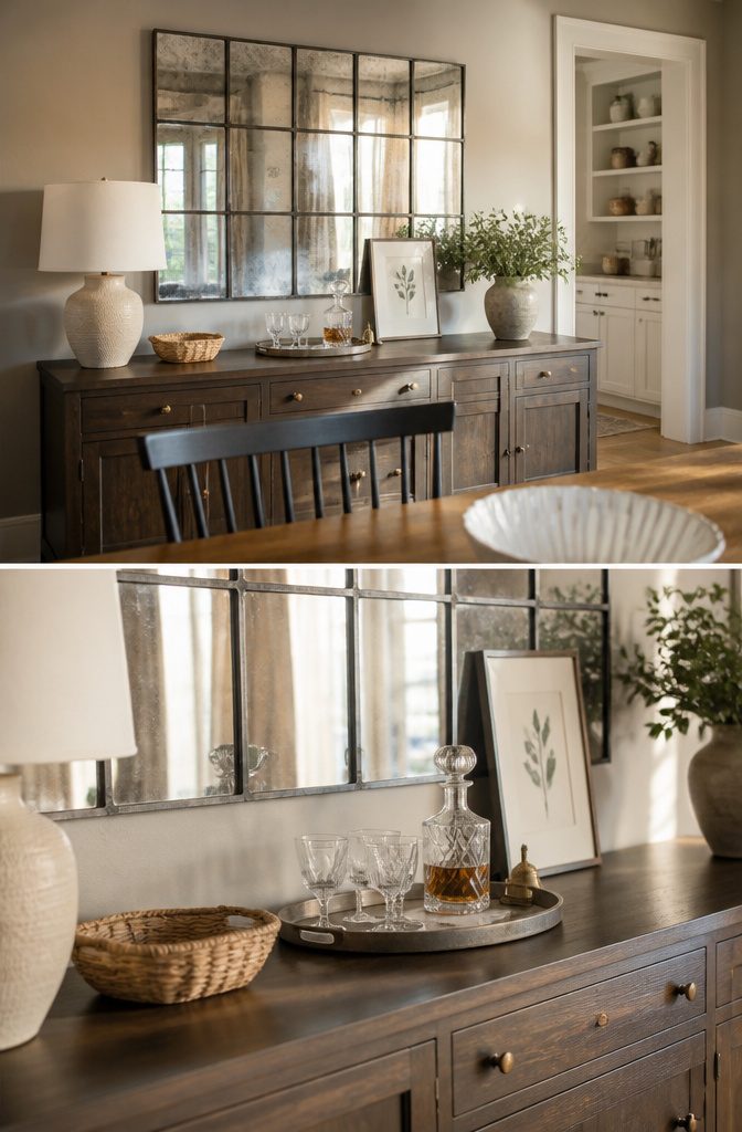 Dining-room buffet top arranged with decor beneath a wall mirror