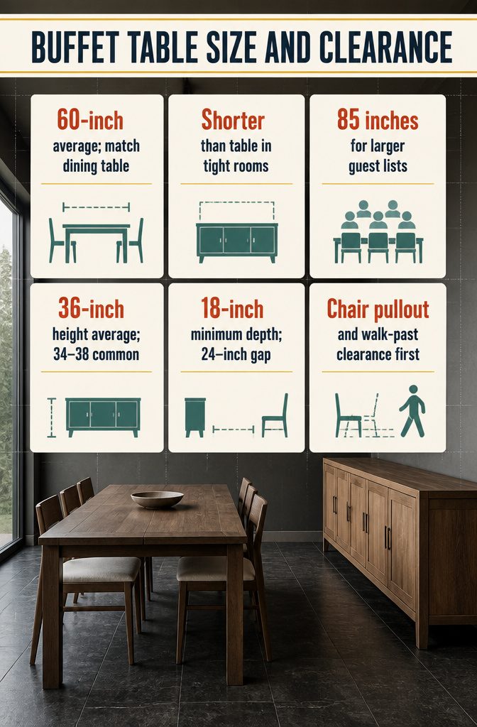 Buffet table size guide with measurements and clearance information