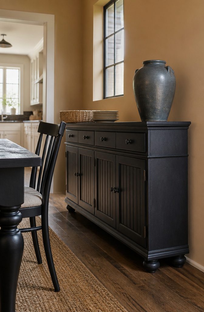 Dining-room buffet with a distinctive finish and decorative door fronts