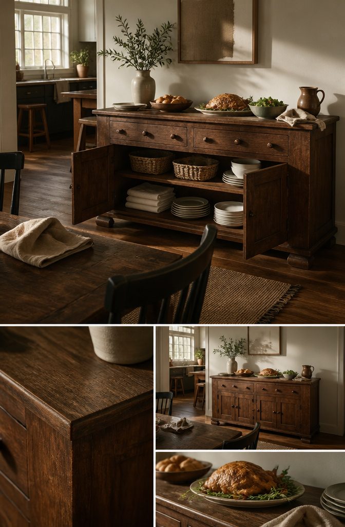 Dining-room buffet with cabinet doors and drawers against a dining-room wall