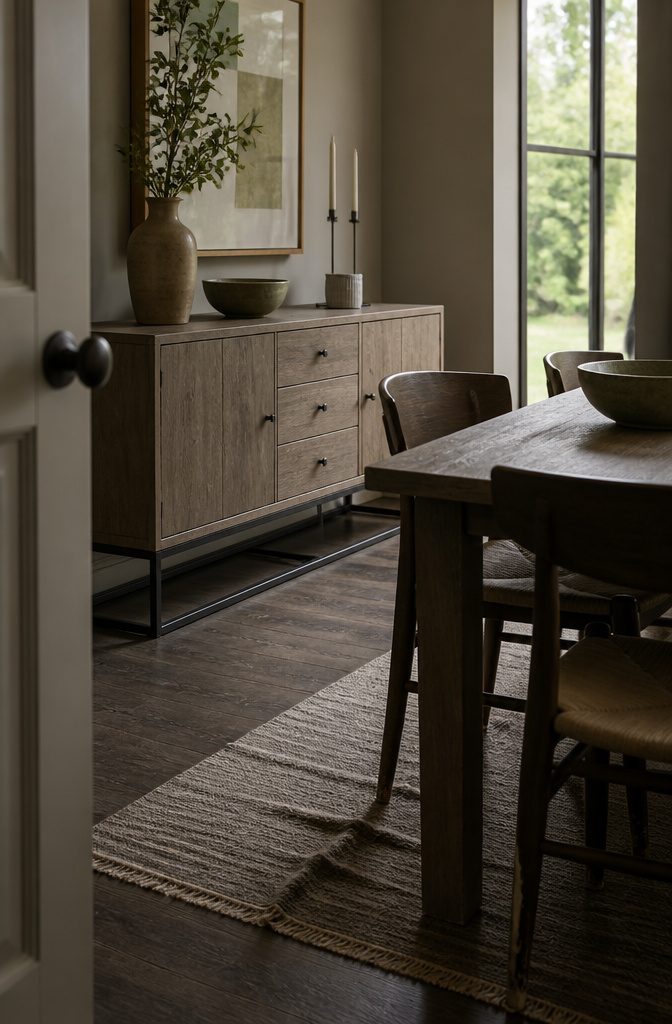 Gray-brown maple buffet with visible wood grain and a hand-forged steel base
