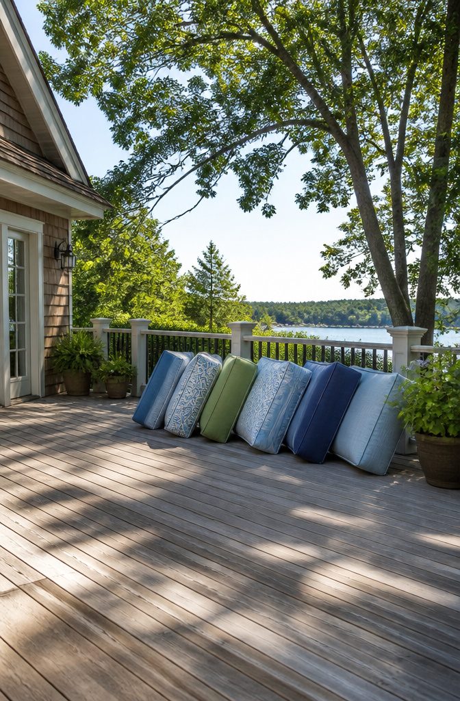 Patio cushions drying in the sun, standing on edge.